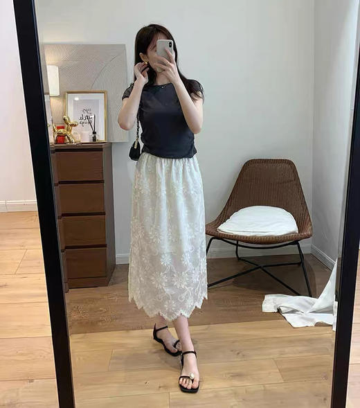 会员福利【重工刺绣+80%莱赛尔】拉夏贝尔/La Chapelle松紧腰刺绣花朵花边半身裙女法式温柔风气质长款裙 商品图9