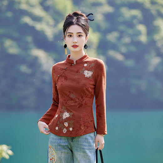 新中式国风修身打底衫，刺绣洋气减龄显瘦长袖上衣斜襟HR-SYY2570-3 商品图0