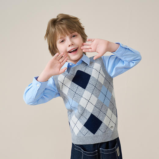 mettekids儿童100%羊绒衫2025秋冬款格纹毛衣马甲学院风男童背心 商品图1