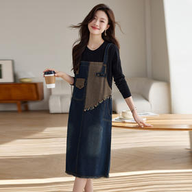 时尚洋气显瘦连衣裙，长袖假两件拼接牛仔裙HR-JNFGN2419