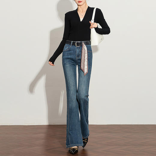 【限时秒杀】韩版立体剪裁弹力微喇牛仔裤女秋季修身高腰显瘦百搭喇叭裤H0051264/H0051265 商品图1