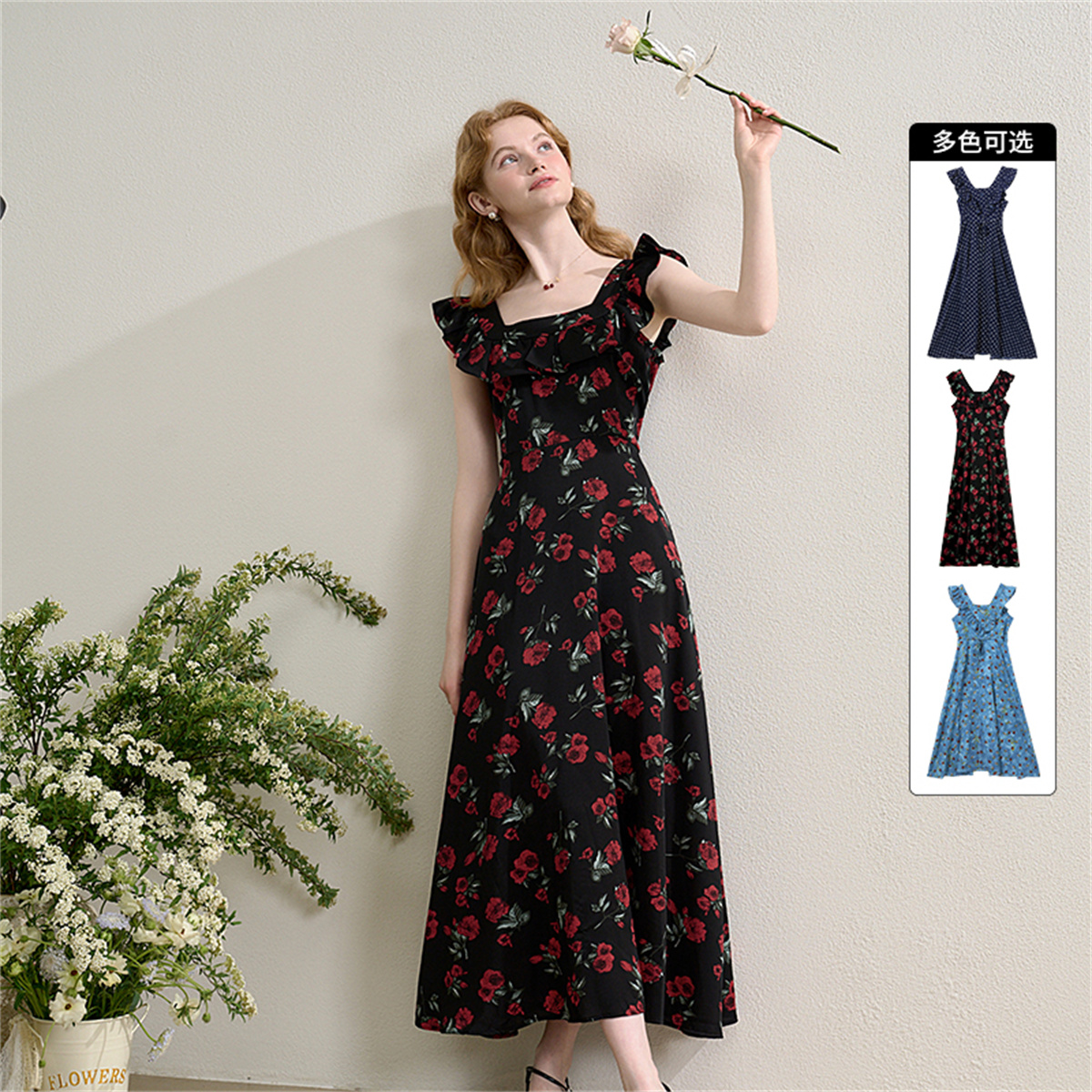 法式浪漫拼接荷叶边飞飞袖连衣裙女夏季两穿收腰显瘦长裙H0051023