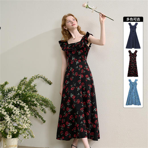 法式浪漫拼接荷叶边飞飞袖连衣裙女夏季两穿收腰显瘦长裙H0051023 商品图0