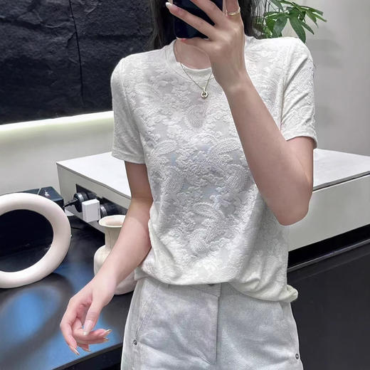 丁摩 新中式纯棉圆领国风T恤女夏季新款短袖复古显瘦气质提花上衣5ZF-170 商品图2