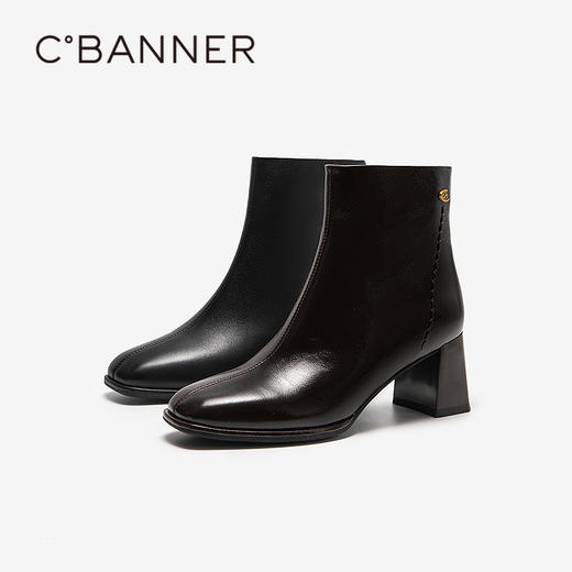 千百度粗高跟羊皮靴时装靴女加绒保暖显瘦轻奢短靴子A25552336 商品图0