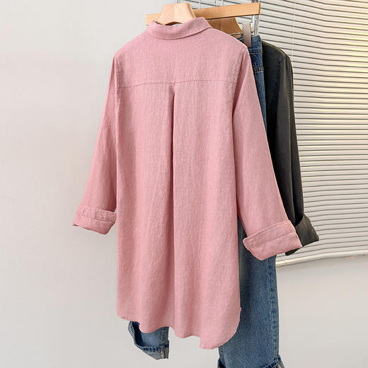 2025初秋纯亚麻长袖翻领衬衫文艺宽松大贴袋中长款上衣棉麻薄外套 商品图3