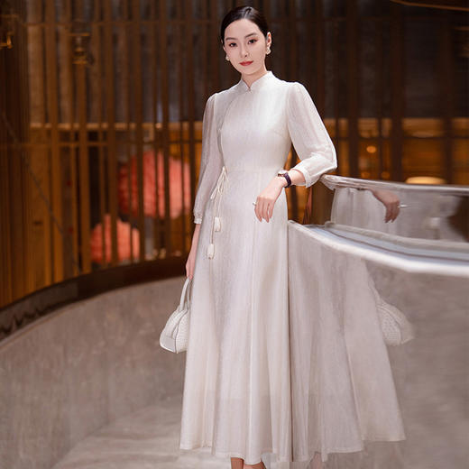 L838 2025秋季复古新中式轻国风连衣裙女高档醋酸长袖修身裙子 商品图1