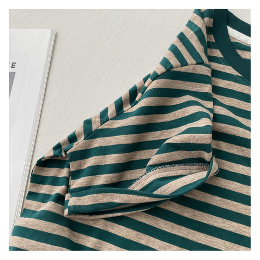 百媚生条纹拼色短袖t恤女纯棉打底衫8118 商品图7