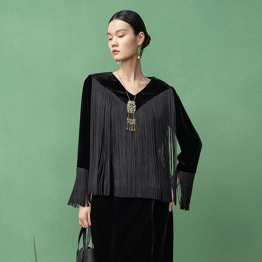 【林栖设计小店】姹紫嫣红流苏丝绒衬衣法式优雅2025秋季新款上衣女1953100 商品图0