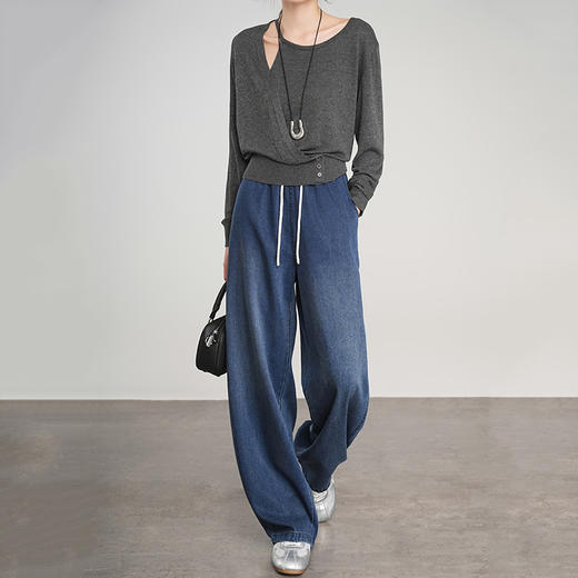 【爆款72小时发货】【秋季必备】【显高显瘦，时髦百搭】秋季新款莱赛尔复古牛仔休闲裤女弯刀豆荚裤宽松松紧阔腿牛仔裤100% 商品图0