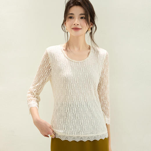 「自」全新升级【铂金会员174/天猫229/差价55】(43622)洛诗琳新款圆领钉珠长袖2025秋季气质网纱蕾丝打底上衣女 商品图2