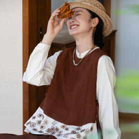 牧衣游原创 炒色机绣亚麻马夹新品设计感古朴撞色系带上衣 知意