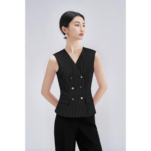 米思阳2026春季新款通勤风OL条纹马夹短外套双排扣修身马甲女4378 商品图2