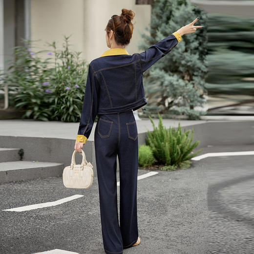 设计感撞色拼接牛仔套装女2025春秋新款休闲时尚高腰阔腿裤两件套 商品图2