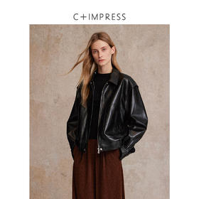 C+IMPRESS/西嘉黑色皮衣外套女25秋季复古老钱风油蜡皮PU皮夹克WT2503006
