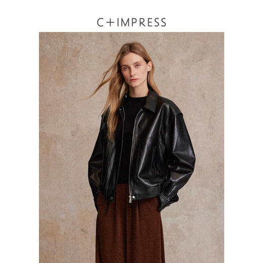 C+IMPRESS/西嘉黑色皮衣外套女25秋季复古老钱风油蜡皮PU皮夹克WT2503006 商品图0
