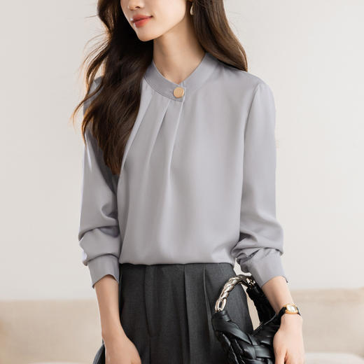 KQL 617T8335纯色压褶衬衫长袖职业衬衣小衫 商品图5