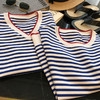 丁摩 这款Y定要入！薄款条纹宽松圆领V领针织衫短袖T恤女夏季5ZF-1253 商品缩略图0