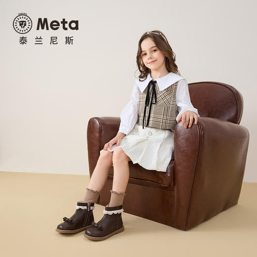 泰兰尼斯meta秋新款复古百搭舒适防滑精致公主风女童儿童短靴皮靴  M04X5C6704 商品图2