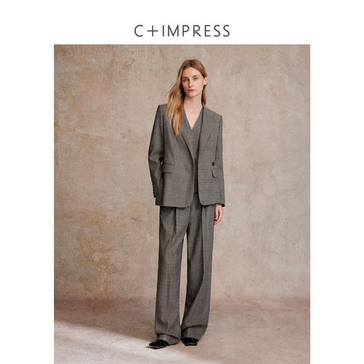 C+IMPRESS/西嘉 经典老钱格纹西装外套女一粒扣沙漏腰羊毛马甲裤子套装WT2503021 商品图0