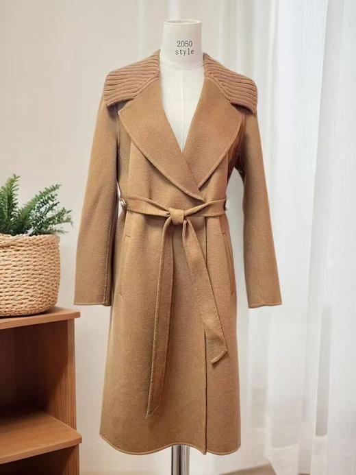 【高端系列】手工定制7365拼针织领100%羊毛系带气质双面尼大衣-喜出 商品图3