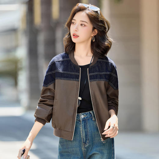 HRYYG82986牛仔撞色拼接棒球服皮衣外套2025秋季新款短款时尚百搭夹克上衣 商品图1