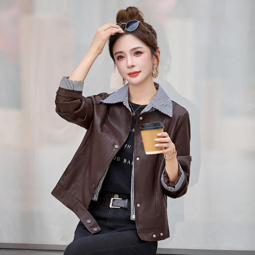 假两件皮衣外套女2025秋季新款设计感拼接气质条纹皮夹克上衣 商品图3