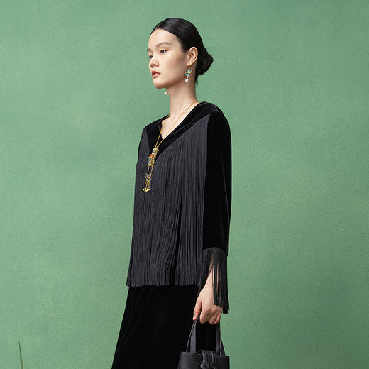 【林栖设计小店】姹紫嫣红流苏丝绒衬衣法式优雅2025秋季新款上衣女1953100 商品图1