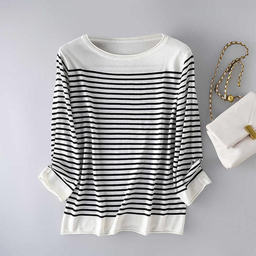 丁摩 桑蚕丝加莱赛尔经典条纹针织衫TX-056 商品图0