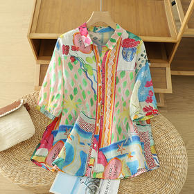雀说度假风透气上衣女宽松高品质印花短袖衬衫AL6279