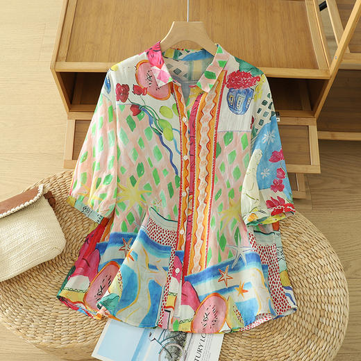 雀说度假风透气上衣女宽松高品质印花短袖衬衫AL6279 商品图0