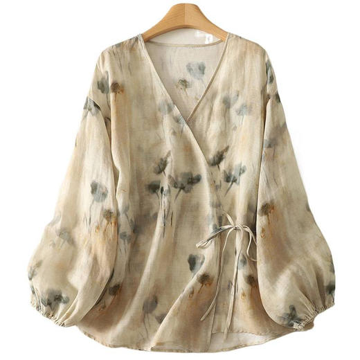 雀说棉麻冰感轻盈艺术花色斜襟气质开衫精致百搭上衣夏防晒衣AL2880 商品图4