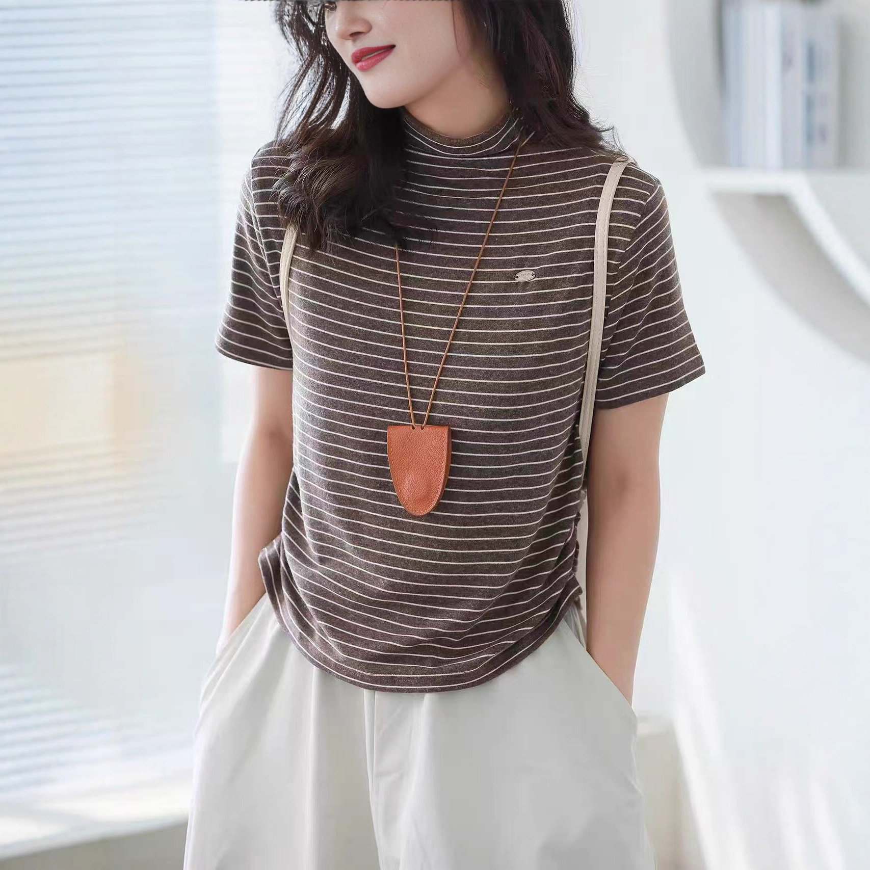 雀说半高领休闲百搭宽松显瘦打底衫T恤AL13097