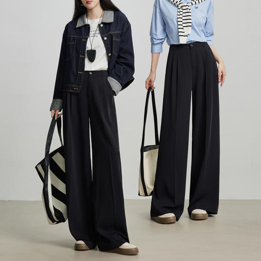 【专属特价】熙世界黑色显瘦阔腿裤女春秋2025新款通勤垂感休闲高腰西装直筒裤 商品图2
