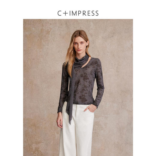 C+IMPRESS/西嘉晕染玫瑰印花长袖T恤女飘带围巾领修身显瘦上衣秋T2503066 商品图1