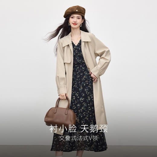 【08/19新品】熙世界黑色碎花V领连衣裙女秋季2025新款法式气质收腰雪纺长裙子 商品图1