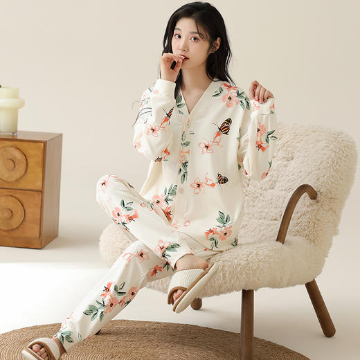 雀说 开衫时尚睡衣女长袖长裤纯棉春秋款家居服 商品图7