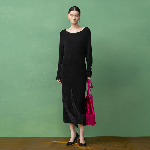 【林栖设计小店】毛织连衣裙优雅流苏2025秋季新款针织长裙女1953106 商品图0