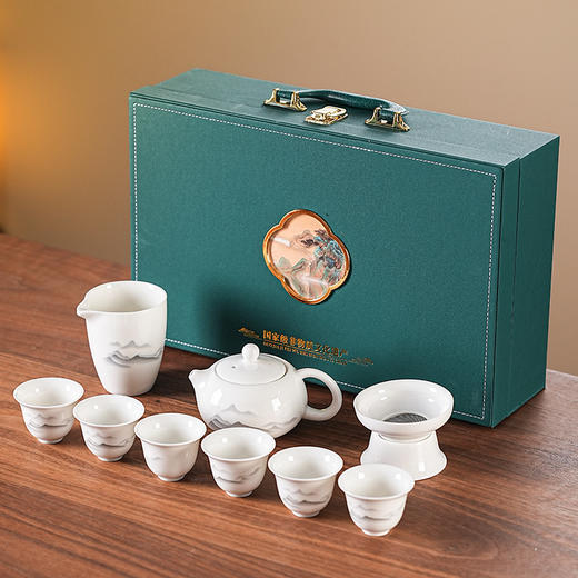 【高端精美礼盒包装！送礼自用两相宜】口沿外翻，好用不烫手，羊脂玉白瓷水墨功夫茶具套装礼盒整套盖碗陶瓷伴手礼品。ra 商品图5