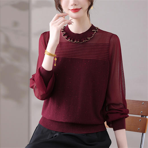 针织衫女装2025春秋新款网纱拼接长袖T恤女宽松显瘦打底衫上衣薄 商品图2