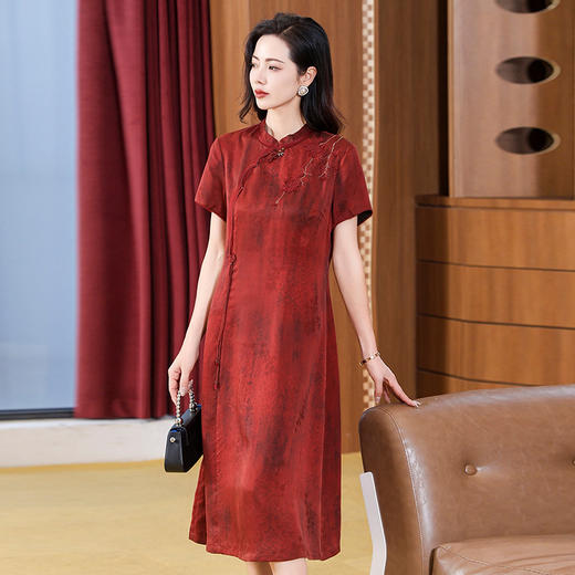 丁摩 花罗真丝香云纱连衣裙女夏季高端桑蚕丝喜庆气质国风妈妈裙子5ZF-2912 商品图0