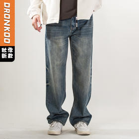 DRONKOO 2025 正常腰复古钉扣复古洗水中厚牛仔长裤