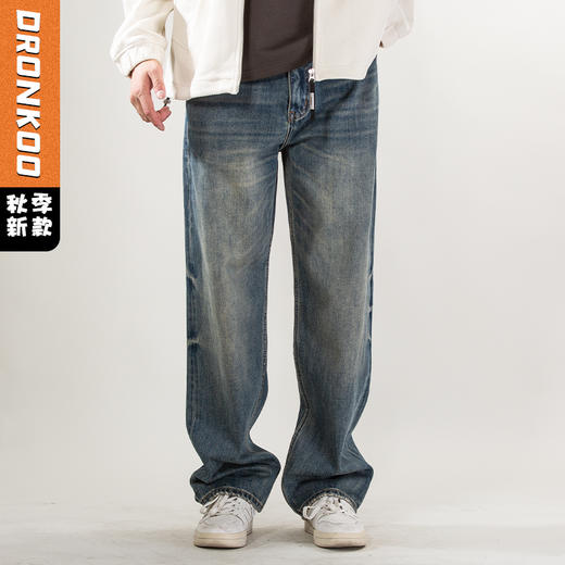 DRONKOO 2025 正常腰复古钉扣复古洗水中厚牛仔长裤 商品图0