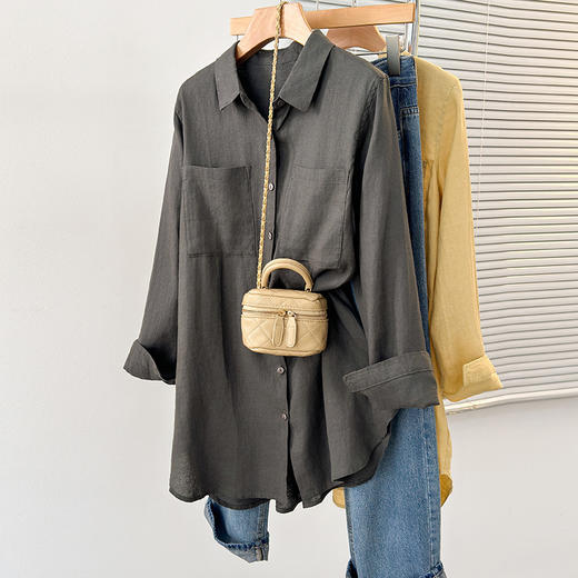 2025初秋纯亚麻长袖翻领衬衫文艺宽松大贴袋中长款上衣棉麻薄外套 商品图2