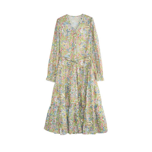 谜底碎花连衣裙长袖2025秋新款复古田园风V领长裙配腰带257ML7841 商品图4