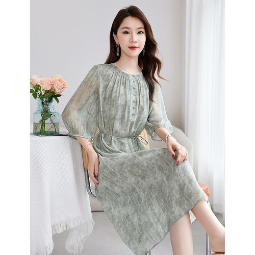 丁摩 【100%桑蚕丝】优雅夏季印花双绉拼接乔其中长款真丝连衣裙女5ZF-1661 商品图1