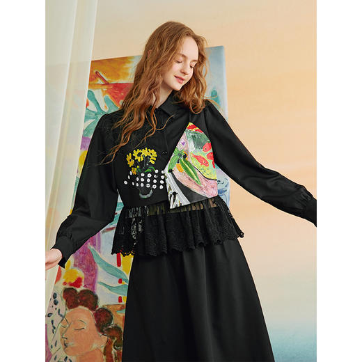 两三事夜绘游诗2025秋季新款复古印花拼接假两件上衣半裙两件套女 商品图1