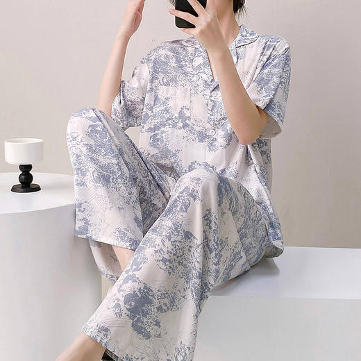 新款夏季棉绸短袖睡衣女薄款家居服日系网红爆款高级感人造棉套装 商品图2