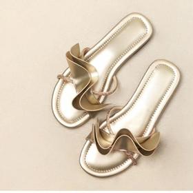 希腊神女【头层牛皮】 平底荷叶拖鞋女夏季外穿感法式金色沙滩一字凉