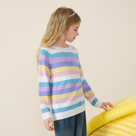 mettekids儿童100%羊毛衫2025秋冬款彩色条纹毛衣女童打底针织衫 商品图1
